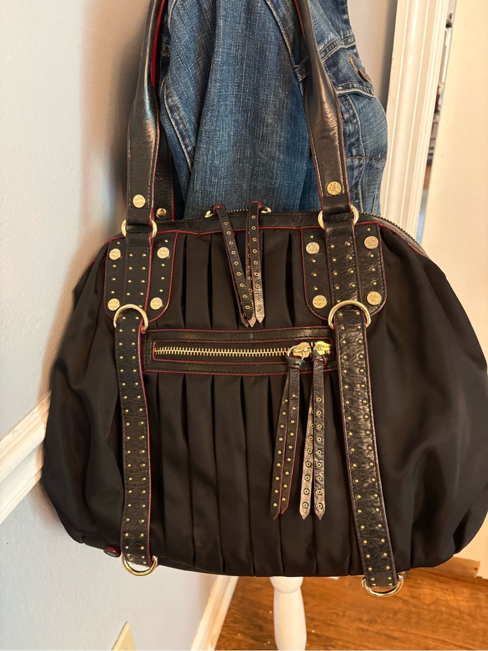 MZ Wallace Black Bedford Nylon Studded Josie Satchel Shoulder Bag Red Edge Trim